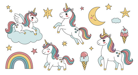 Naklejka premium Adorable collection of whimsical unicorn characters, colorful rainbows, stars, moons, and sweet ice cream icons.