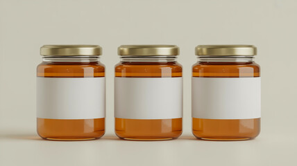 Three brown glass jars with gold lids and white labels on a light background three jars