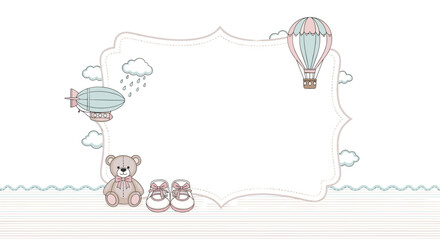 Charming baby boy frame featuring a hot air balloon, zeppelin, cute teddy bear, and tiny shoes for a nursery design.