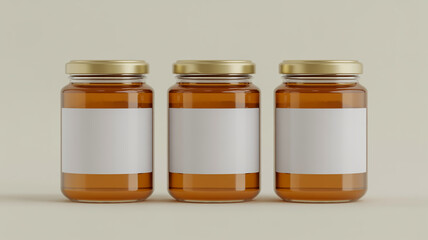 Three brown glass jars with gold lids and white labels on a light background