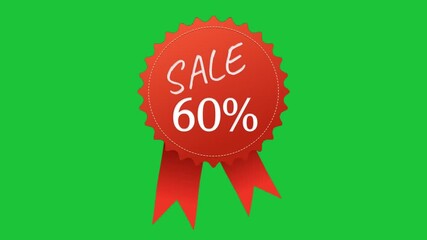 60 percent sale ribbon badge animation on green screen, red award style label with bold text, clean promotional graphic for ads