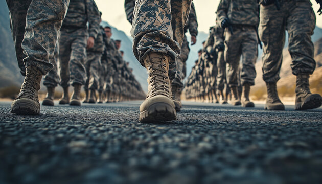 Close-up of men soldiers legs in uniform and boots on the sand ground. Marching at military camp. Leather shoe in sand color and brown camouflage pants