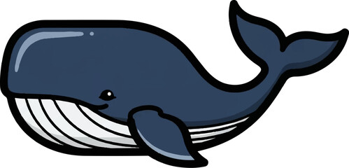 Obraz premium A cute cartoon-style blue whale with a black outline and white belly, facing left on a white background