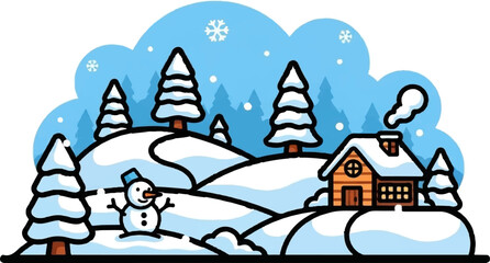 Fototapeta premium A charming winter scene with a cozy cottage, snowman, snow-covered trees, and falling snowflakes