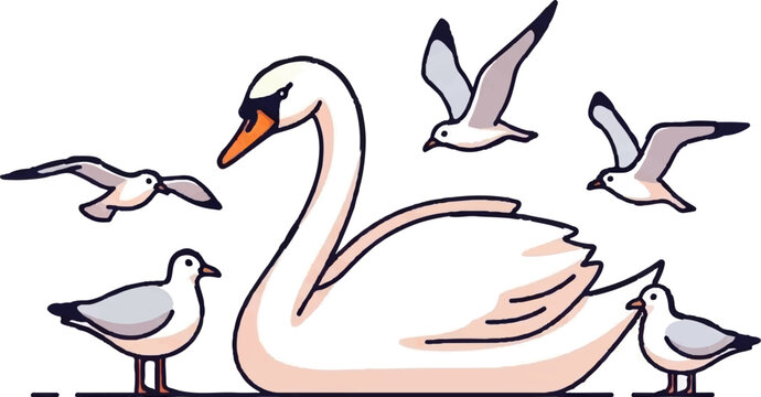 A large white swan is surrounded by several small seagulls, some flying, some standing