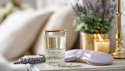 Sleep mask, glass of water and supplements for fight against insomnia and stress on nightstand in cozy bedroom