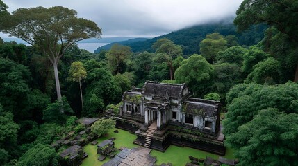 A drone capturing sweeping aerial footage of an ancient ruin overtaken by lush jungle, vines wrapping around forgotten temples as mist rolls across treetops &mdash; lost civilization aesthetic, untouched