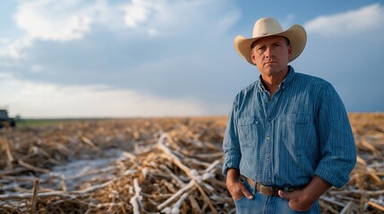 A farmer standing in a devastated crop field after a brutal hailstorm, plants shredded and ice pellets scattered across ruined soil — agricultural devastation, climate impact, and rural economic