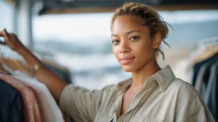 A fashion designer reviewing clothing samples hanging neatly on rolling garment racks in a bright studio, fabrics catching natural light — sustainable fashion production, apparel organization, and
