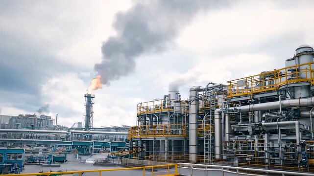 Large industrial refinery complex with processing units, pipelines and flare stack operating under cloudy sky showing active energy production