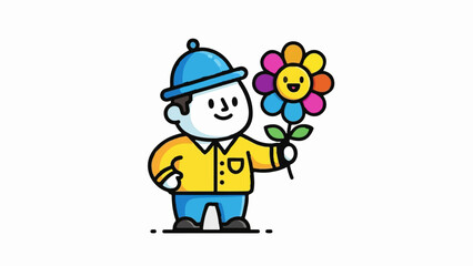 Obraz premium A cheerful cartoon character with a blue hat and yellow shirt holds a vibrant, smiling flower