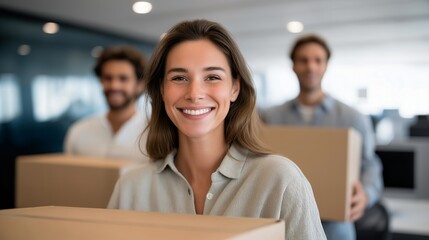An office team unpacking branded cardboard boxes filled with new equipment, laughter and teamwork energizing a freshly renovated workspace — workplace refresh, team-building atmosphere, and