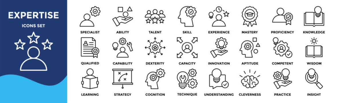 Expertise icon set collection. an icon pack contain skill, knowledge, mastery, ability, experience, talent, proficiency