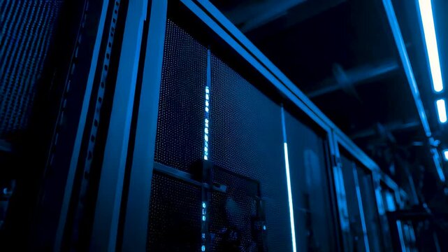 Modern data center corridor with server racks illuminated by blue lighting showing secure infrastructure, network storage and enterprise computing