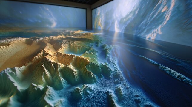 A marine cartographer projecting seafloor topography onto a curved digital wall, colorful elevation lines revealing trenches, ridges, and undersea mountains &mdash; bathymetric mapping, ocean geology,