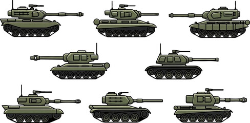 A collection of pixelated green battle tanks, displayed in a grid layout on a white background © Cintia