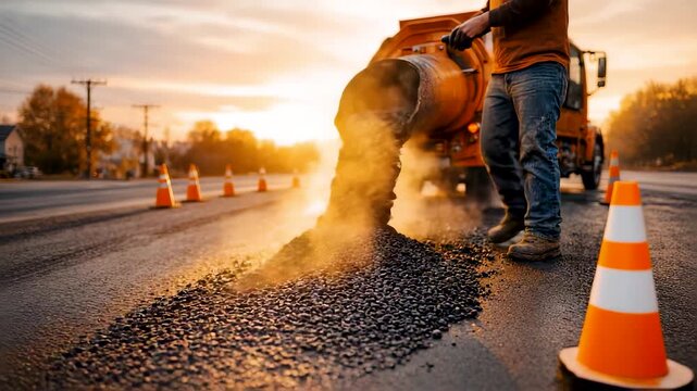 Road repair work with hot asphalt being poured by construction worker at sunset showing active paving operation and traffic safety control