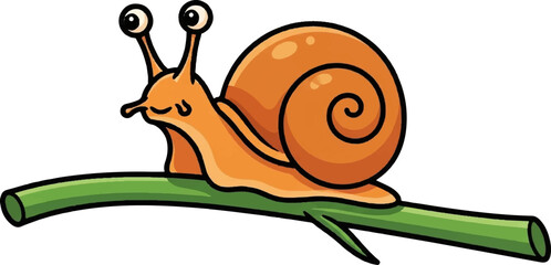 A cheerful cartoon snail with an orange body and spiral shell perches gently on a green branch, eyes wide © Bobi