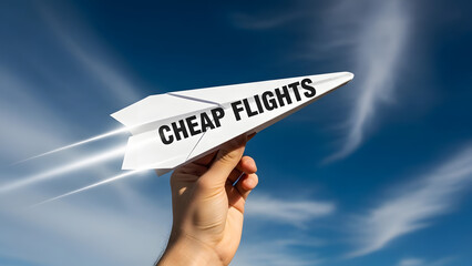 A hand launches a paper airplane with "CHEAP FLIGHTS" written on it into a bright blue sky, symbolizing affordable travel.