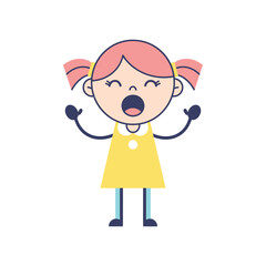 Fototapeta premium Excited cartoon girl singing, dancing, playing, happy childhood, fun, energetic, isolated on white background