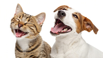 Cat and dog together sharing a happy moment while playing in a bright space with smiles on their faces