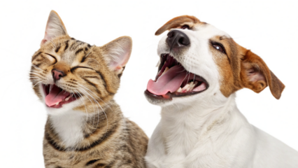 Cat and dog together sharing a happy moment while playing in a bright space with smiles on their faces
