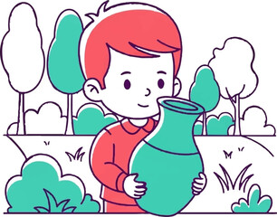A cheerful child cradles a decorative vase in a stylized park setting