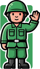 Obraz premium A friendly cartoon soldier in a green uniform and helmet stands against a green background, waving hello