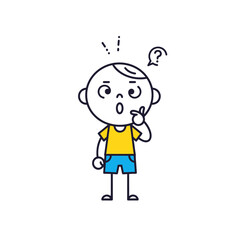 Obraz premium Confused boy character thinking with question mark, cartoon illustration