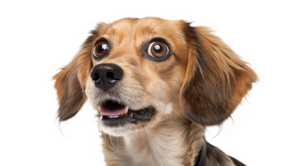 Happy dog looking at camera with excited expression in a studio setting during daytime