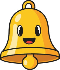 A cheerful, golden cartoon bell with a happy face, big eyes, and a wide smile, on a plain white background
