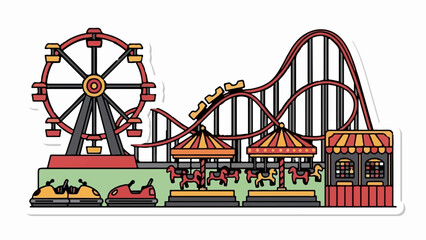 A cheerful, hand-drawn style illustration of a lively amusement park, featuring iconic rides and attractions