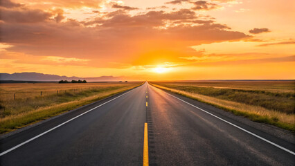 Fototapeta premium Sunset over open road stretching across fields under a colorful sky during evening hours in a rural area