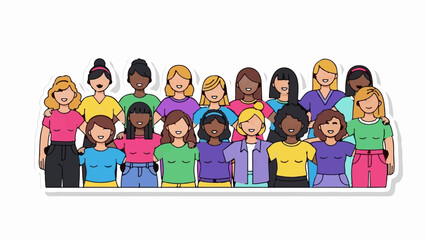 A cheerful illustration showcasing a diverse group of women, smiling and embracing each other