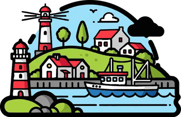A charming cartoon coastal village with lighthouses, houses, a fishing boat, and green hills under a blue sky