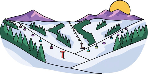 A colorful cartoon depicts a ski resort with snowy slopes, evergreen trees, and ski lifts © Cintia