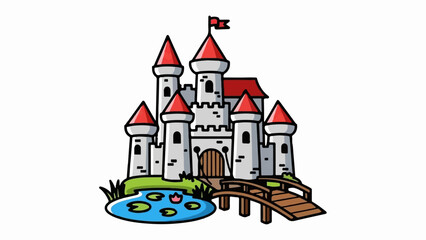 A charming cartoon castle with red roofs, multiple towers, a flag, a moat with lily pads, and a wooden bridge
