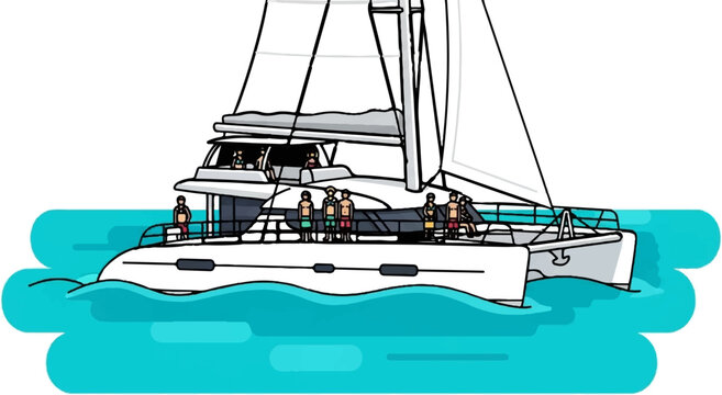 A colorful cartoon catamaran with people on deck sails on turquoise water