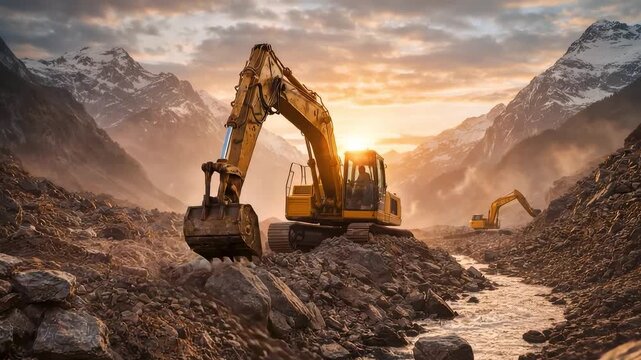 Excavator working in rugged mountain terrain at sunrise with heavy machinery shaping earth for infrastructure construction and resource development