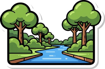 A charming cartoon illustration depicts a serene river flowing through a lush green forest with tall trees
