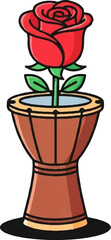 A charming cartoon illustration features a single red rose blooming in a stylized brown potted plant