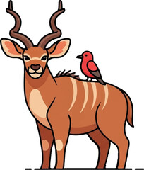 A charming cartoon illustration of a brown antelope-like animal with spiral horns and a red bird perched on its back