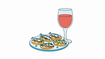 A glass of red wine beside a plate of small fish appetizers