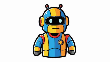 A cartoon robot with blue and yellow segmented body, black eyes and antennae