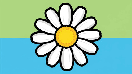 A cheerful white daisy with a yellow center sits against a green and blue background