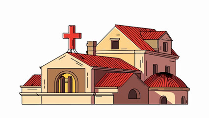A charming cartoon illustration of a church with a prominent red cross and multiple red-tiled roofs