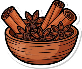 A charming cartoon illustration of a brown bowl filled with cinnamon sticks and star anise spices