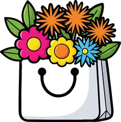 A cheerful white shopping bag overflows with a vibrant bouquet of colorful cartoon flowers and green leaves
