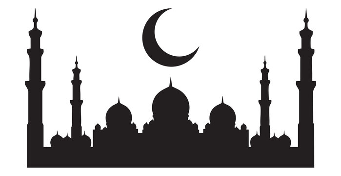 Black silhouette of a mosque with domes and minarets under a crescent moon islam architecture