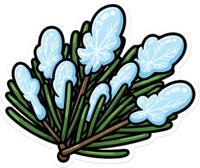 A charming cartoon illustration of a green pine branch, its needles adorned with fluffy white snow patches